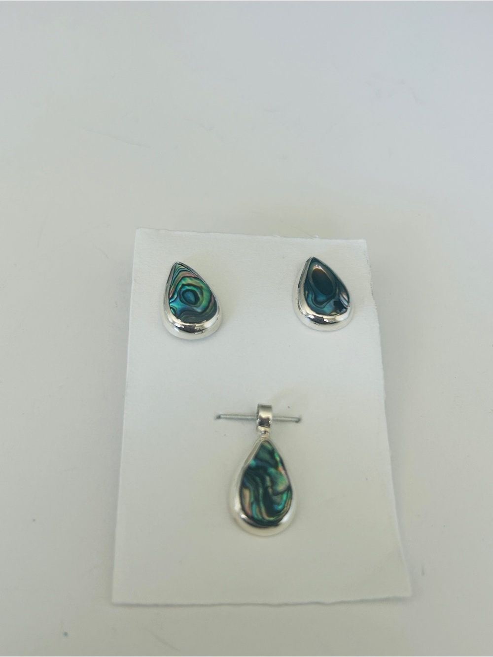 Taxco Mexigo 925 Sterling Silver Abalone Shell Teardrop Earrings & Pendant Set - Picture 3 of 8